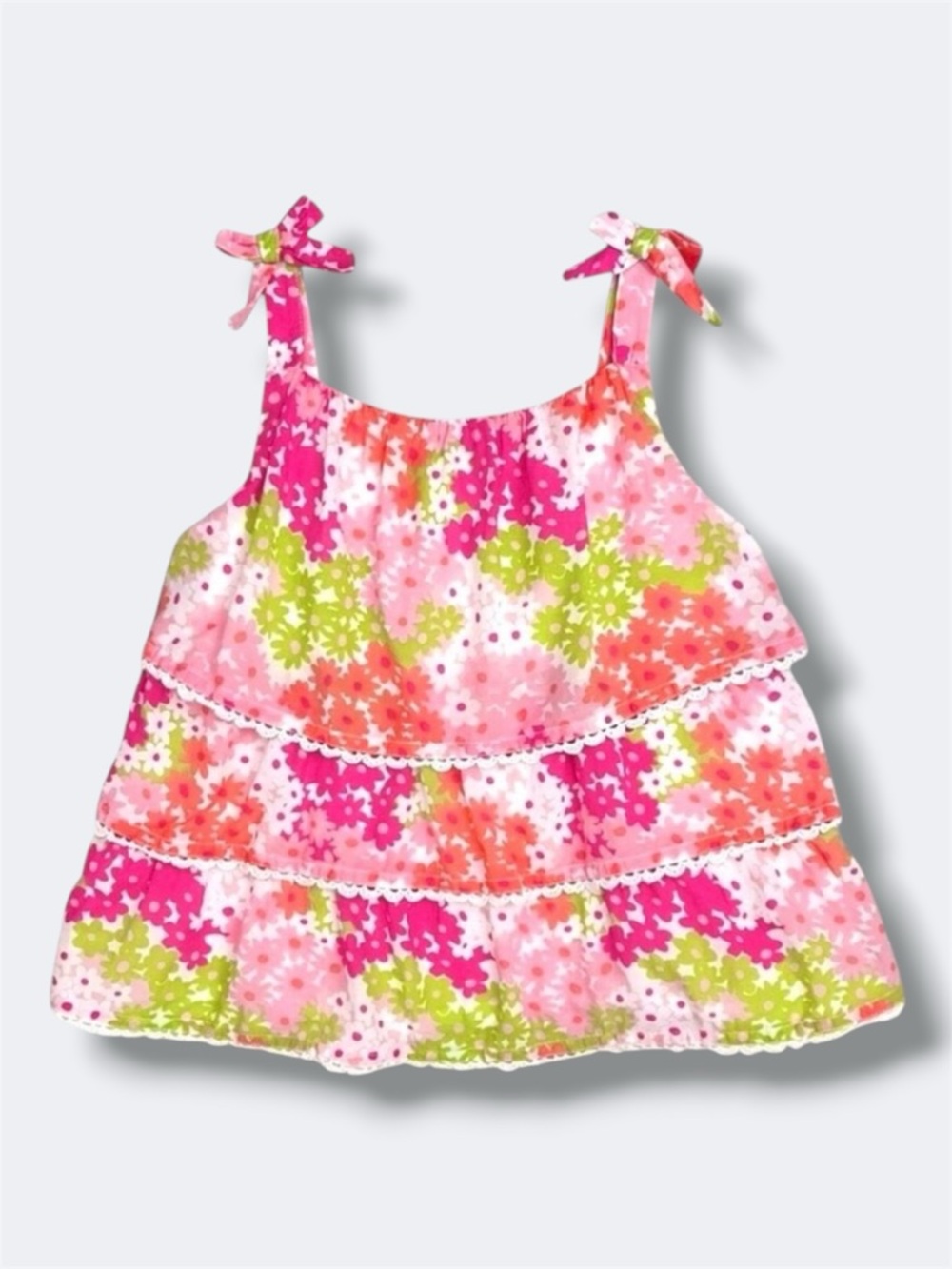 🦄 3/$36 Boden Sleeveless Top Girls Size 8-9 Pink Green Floral Tiered Ruffle